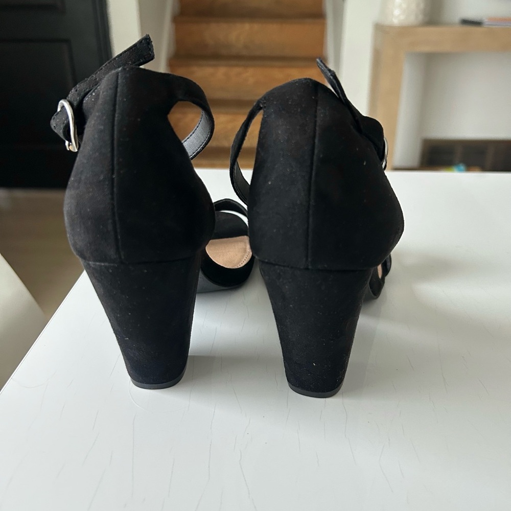 Black Suede Block Heel Sandals with Ankle Strap - Picture 5 of 7